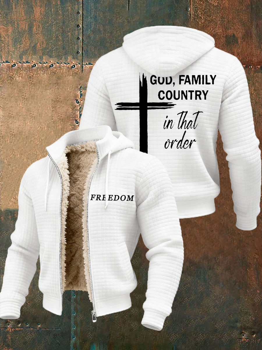 Men's Freedom God Family Country In That Order Print Plush Zipper Hooded Jacket