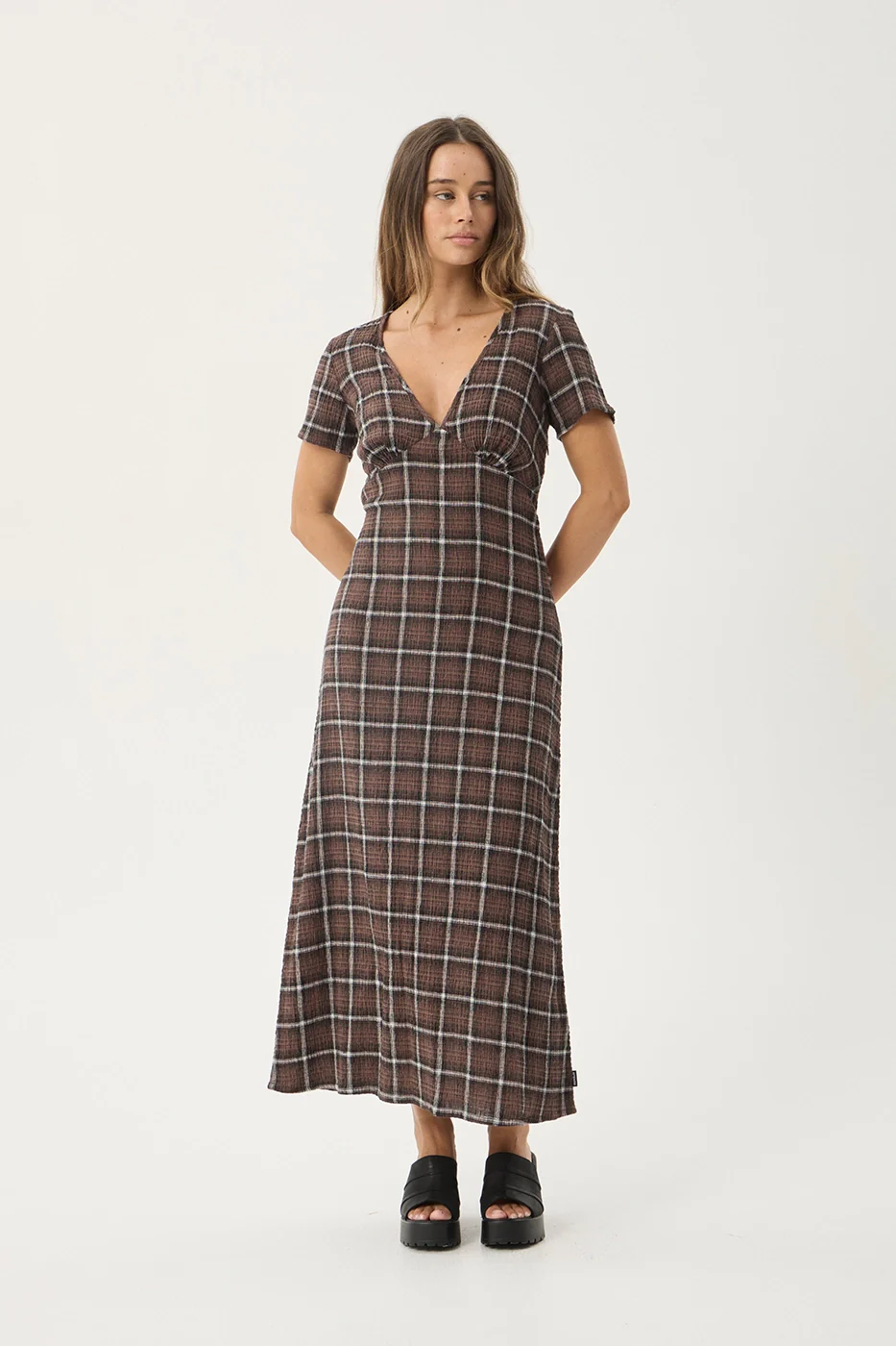 AFENDS Womens Reverie - Seersucker Maxi Dress - Coffee Check
