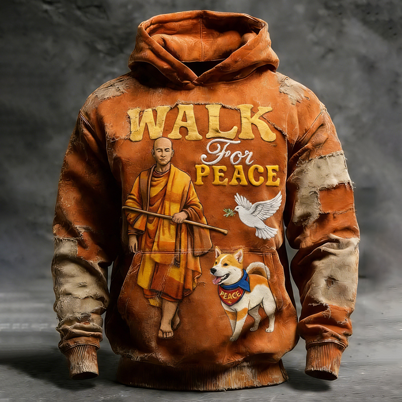Men's Vintage Walk For Peace Monks With Aloka Dog Patchwork Print Hoodie