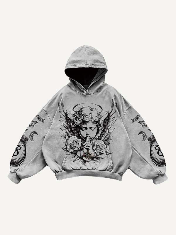 Angel&Pray&Floral&Money Print Slant Pockets Hoodie
