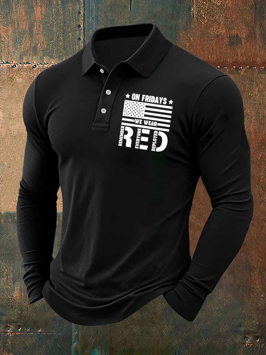 On Fridays We Wear Red Print Casual Long Sleeve Polo Shirt