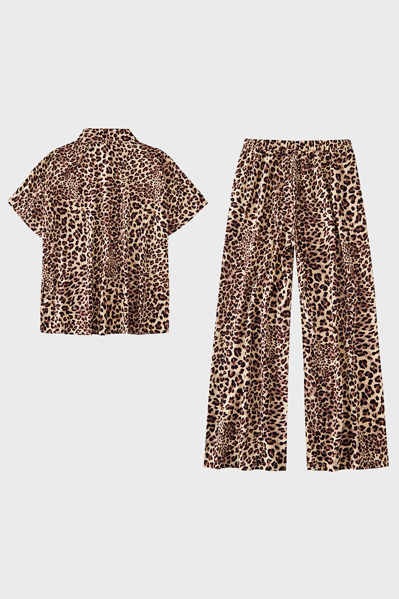 Chic Leopard Print Collared Button Short Sleeve Shirt & Wide Leg Trousers Co-ord