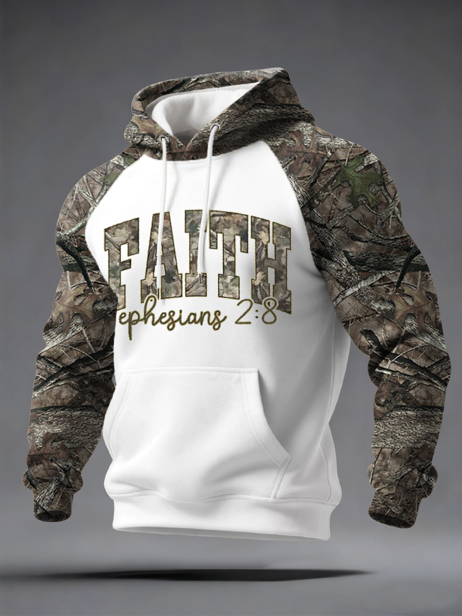 Men's Faith Forest Camouflage Print Casual Velvet Raglan Hoodie