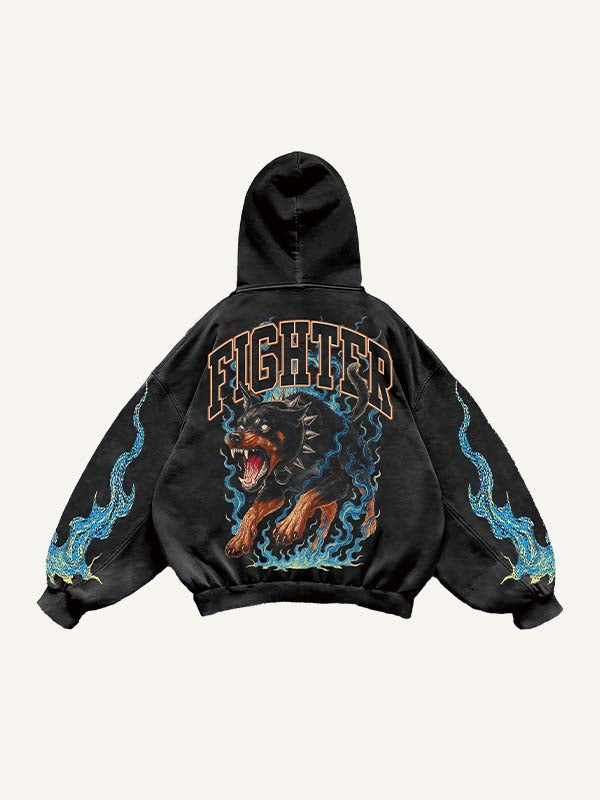 Dog&Fire&Letter Print Slant Pockets Hoodie