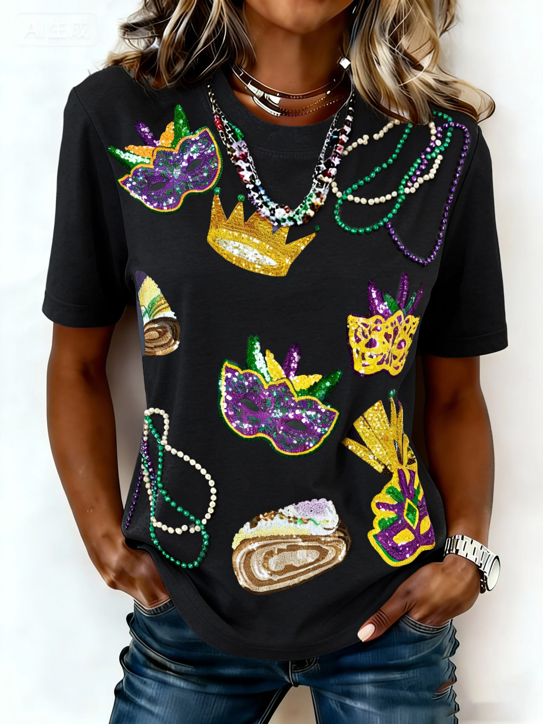 Women's casual fashion Mardi Gras print T-shirt