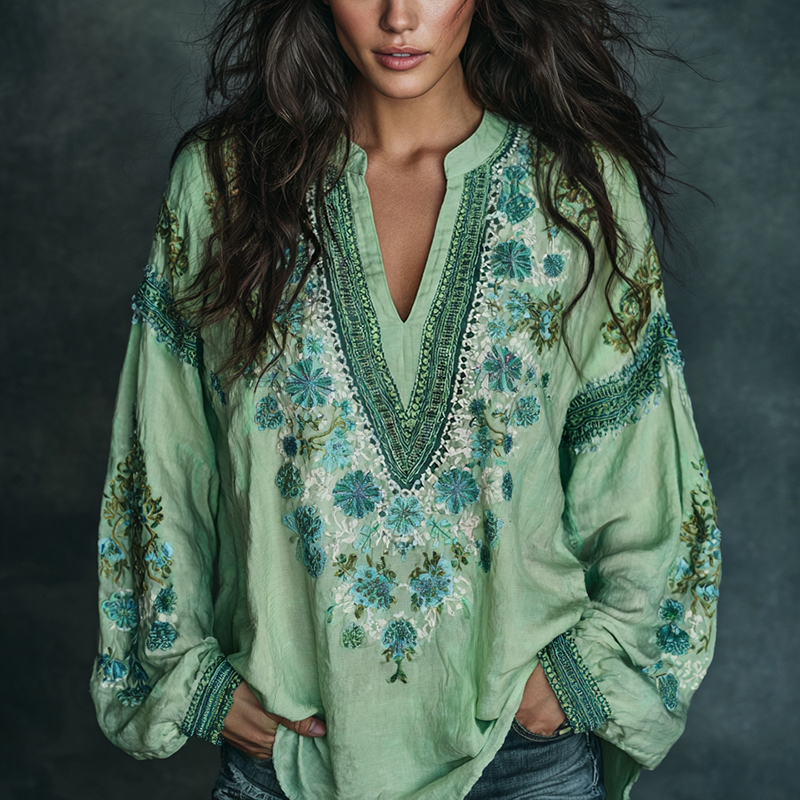 Women's Vintage Floral Embroidered Art Print Flowy Linen Blend Casual Tunic