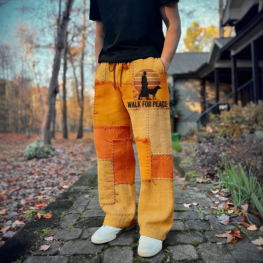Men's Walk For Peace Monks With Aloka Dog Patchwork Linen Pants