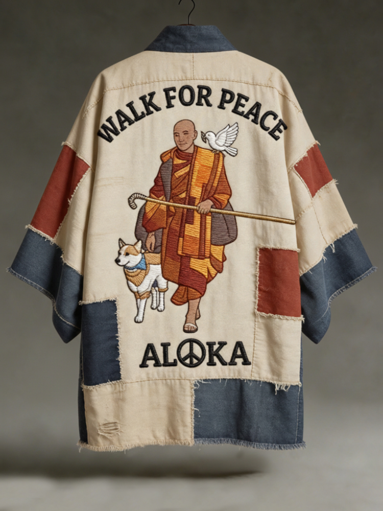 Vintage Walk For Peace Art In Patchwork Print Linen Short Kimono