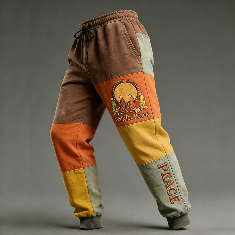 Walk For Peace Slogan Pattern Casual Color-blocked Long Pants