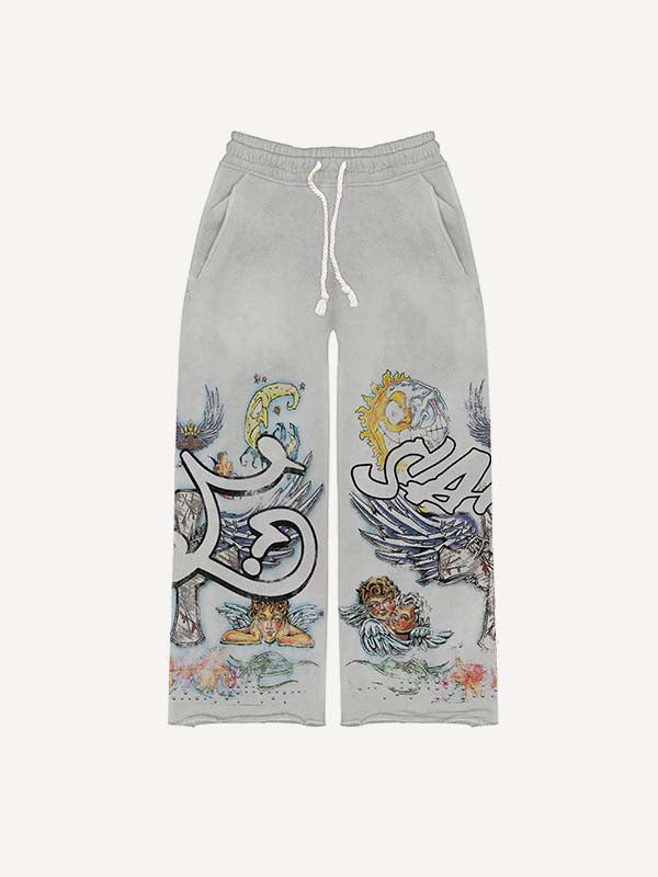 Evil Sun&Moon&Cross&Wing&Angel&Graphic&Letter Print Elastic Waist Pants