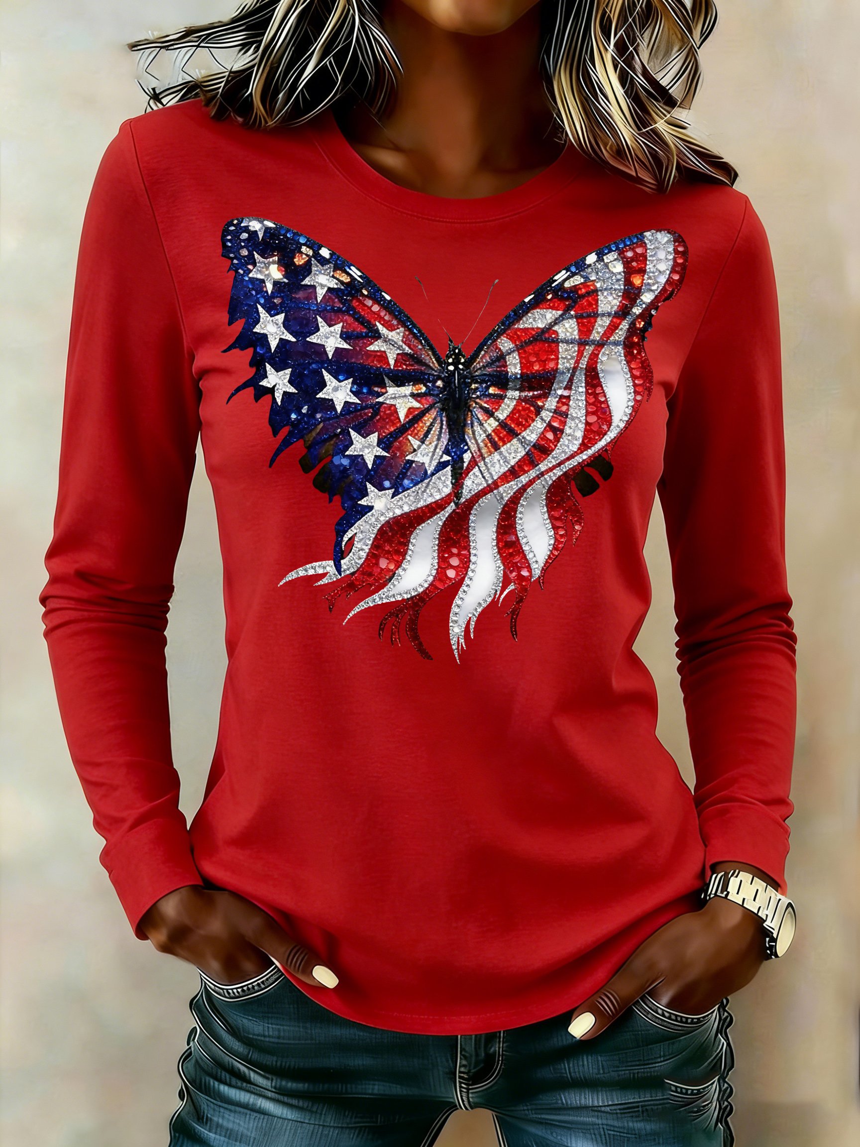 Women's casual retro patriotic red, yellow, and blue butterfly long-sleeved T-shirt