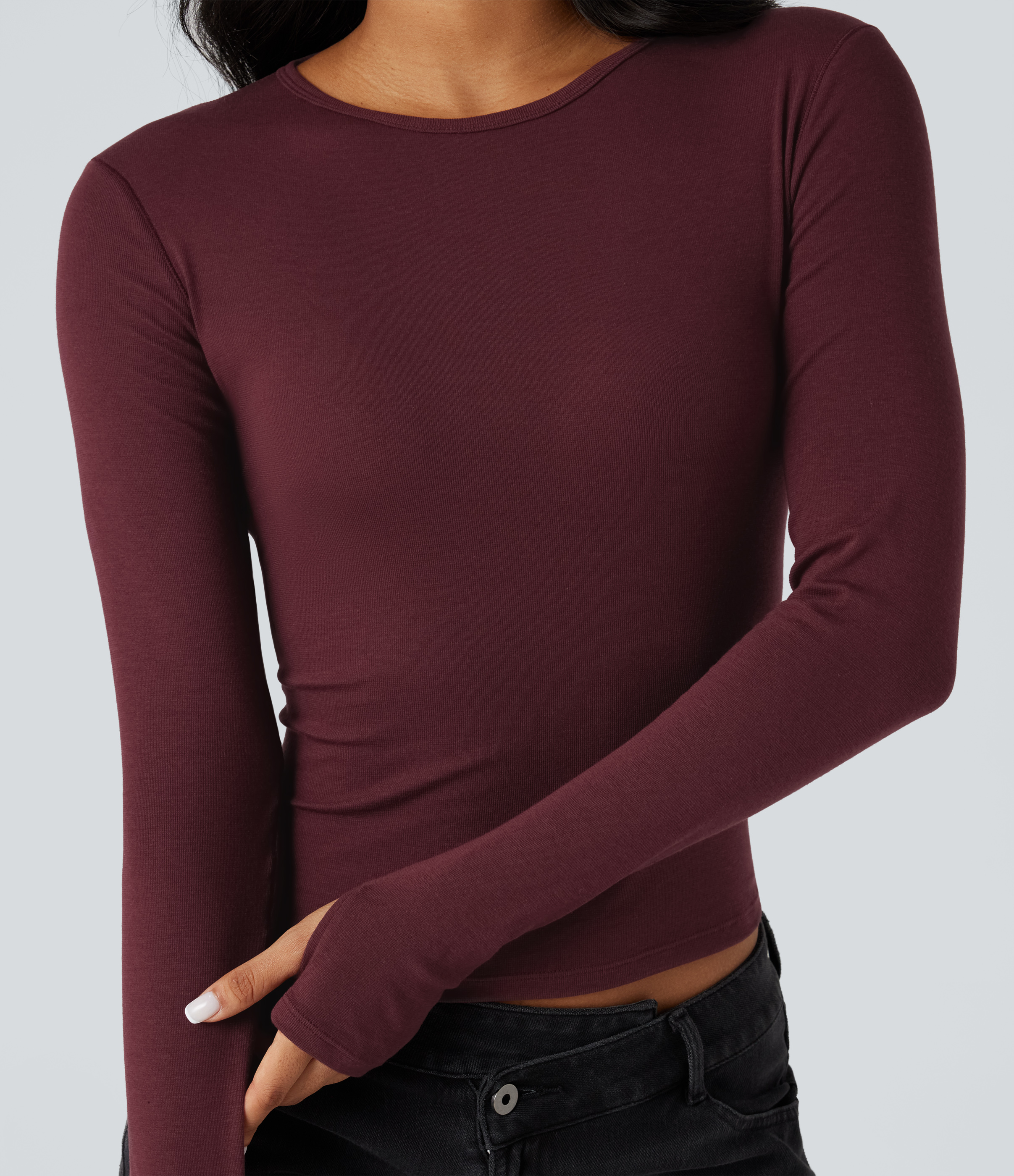 Round Neck Long Sleeve Thumb Holes Casual Wool-Blend Top