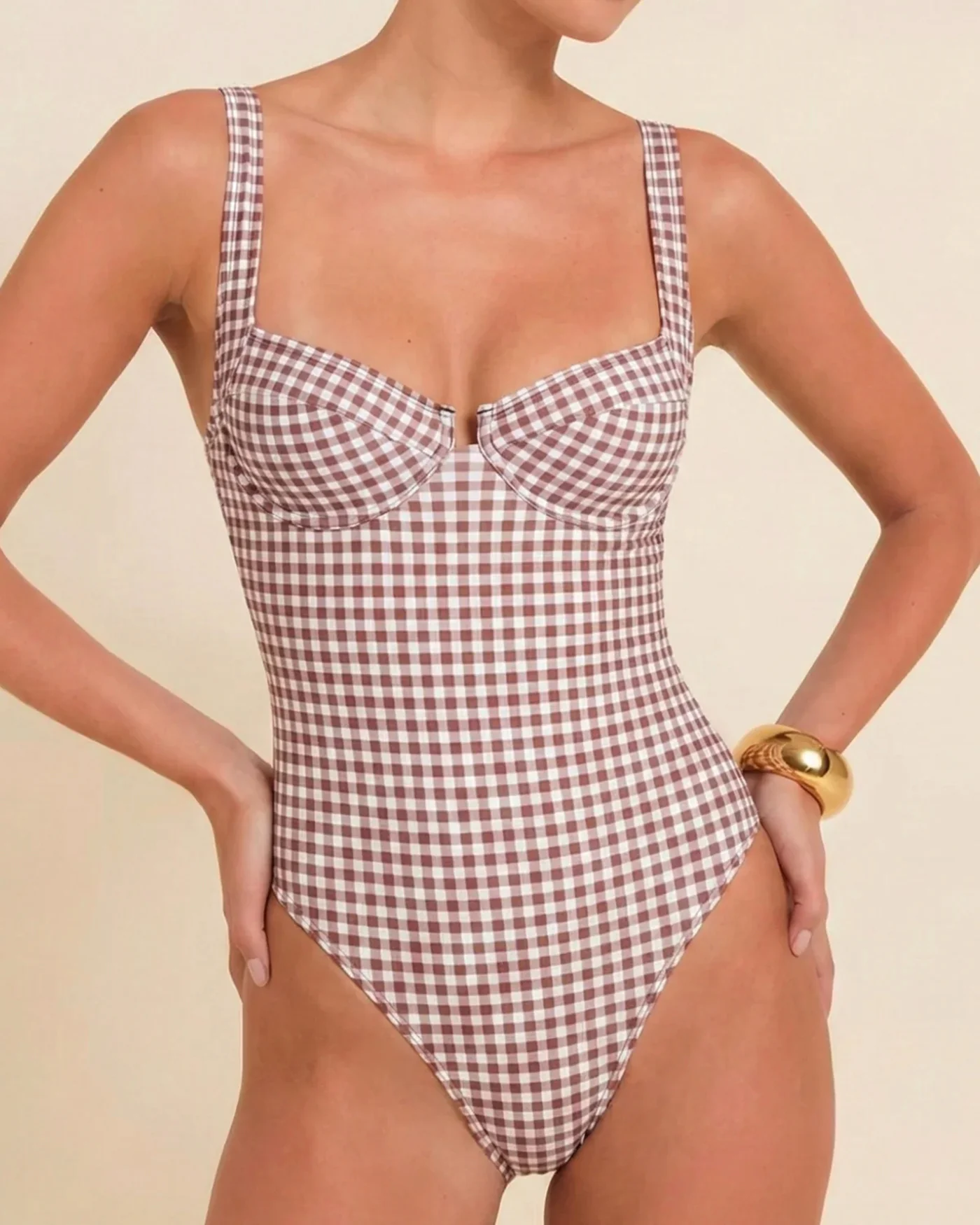 Coffee Plaid Underwire One Piece Swimwear