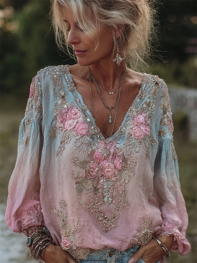 Boho Roses Glitter Lace Embroidered Gradient Flowy Tunic