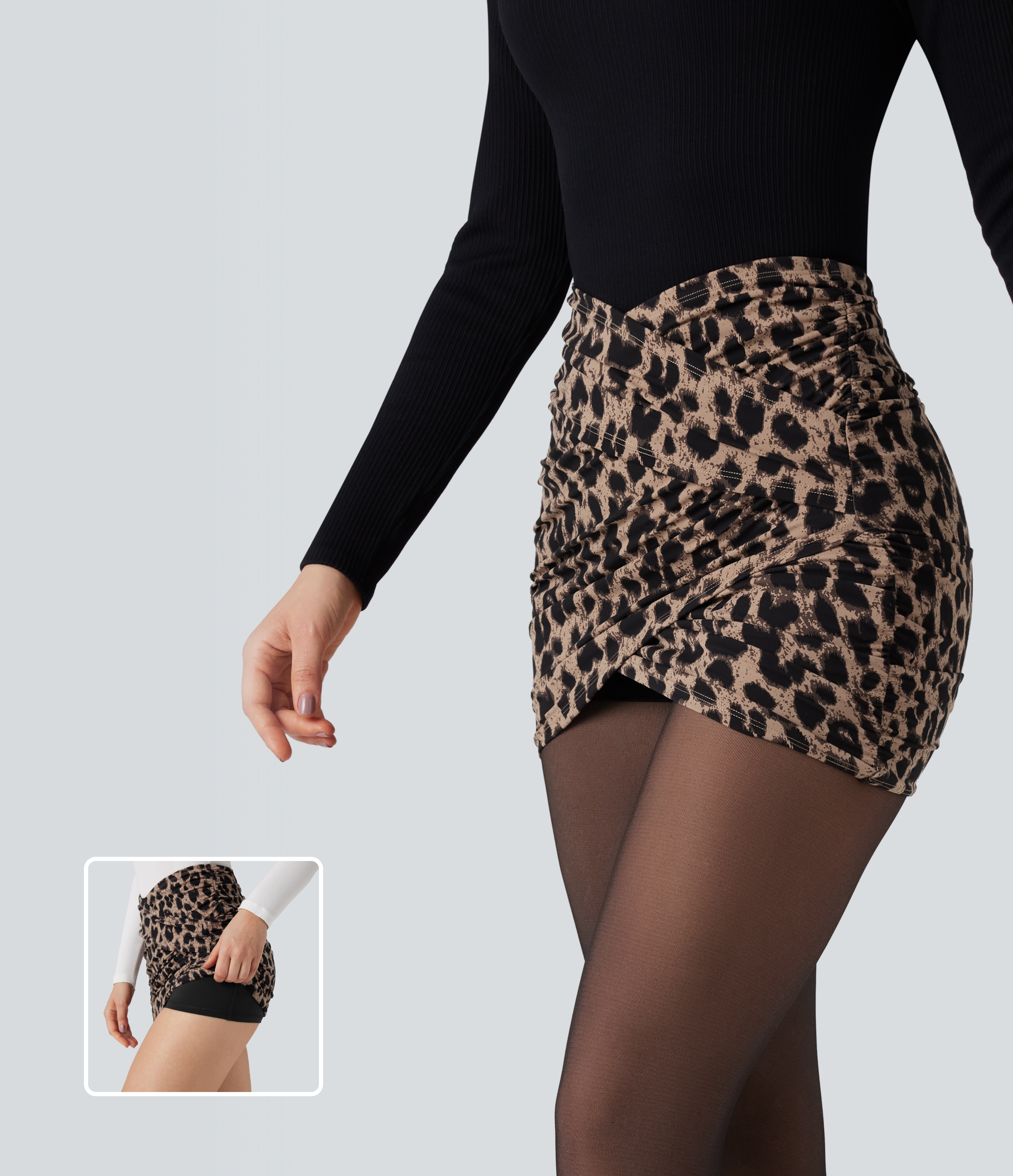 Halara UltraSculpt™ Leopard Print Crossover High Waisted 2-in-1 Bodycon Mini Party Skirt