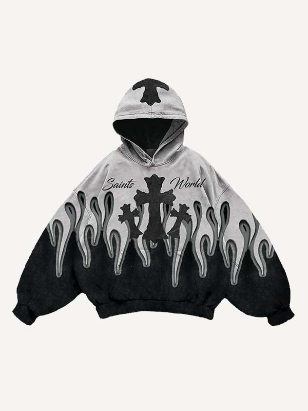 Colorblock Cross&Fire Print Slant Pockets Hoodie