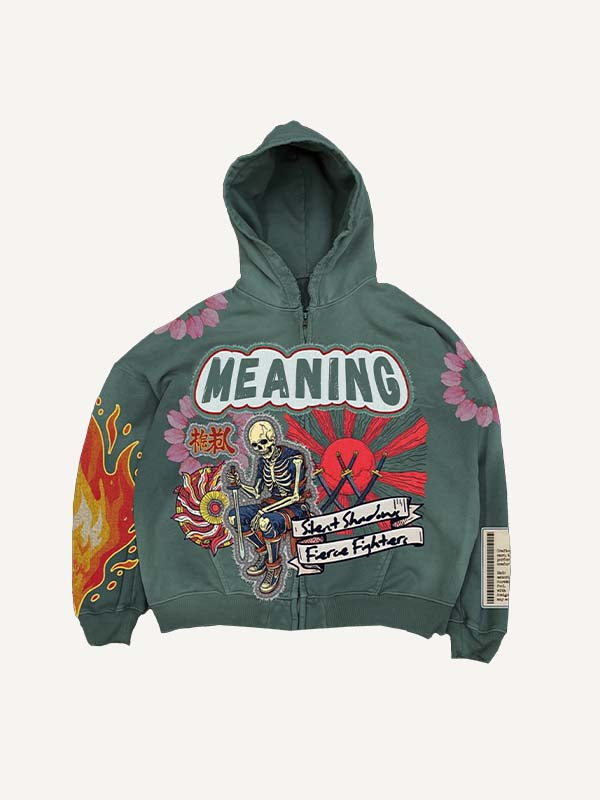 Skeleton&Fire&Graphic&Letter Faux Decal Print Zip Up Hooded Coat