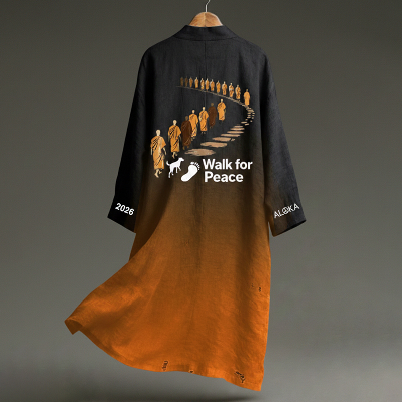 Vintage Peace For Walk Art In Gradient Print Linen Long Kimono