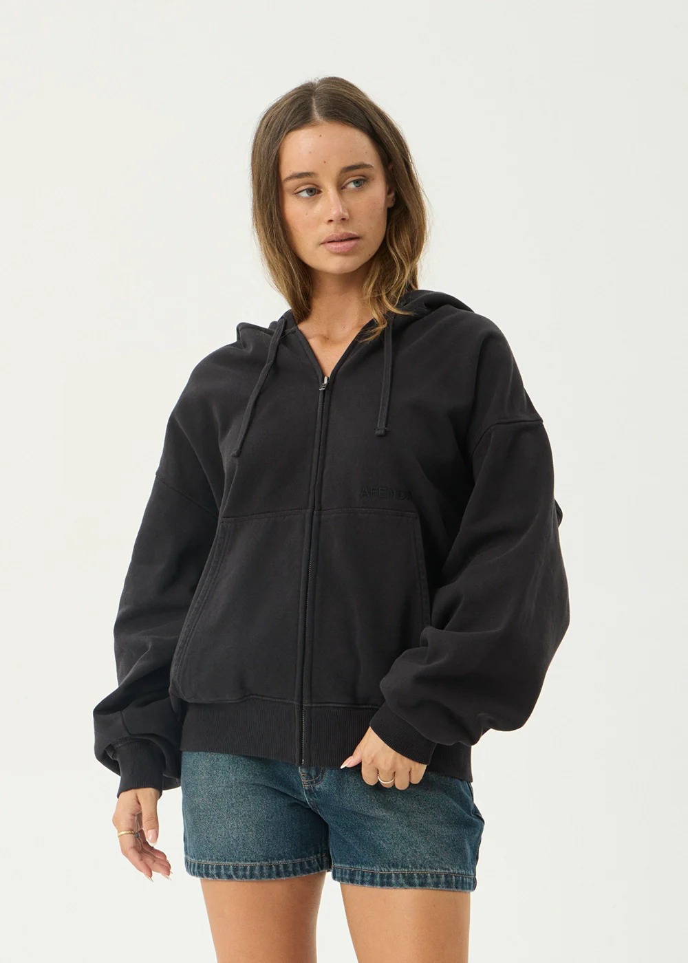 AFENDS Mens Genesis - Boxy Zip Hood - Stone Black