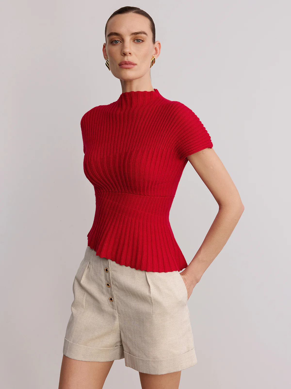 Wool Blend Ribbed Mock Neck Knit Top