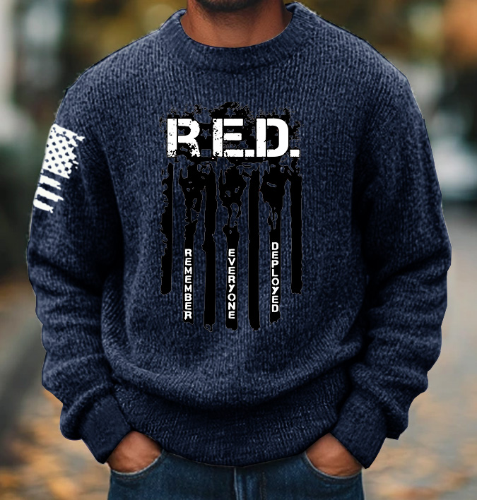 RED Friday Remember Everyone Deployed Pattern 300g Wool Blend Classic Crew Neck Sweater