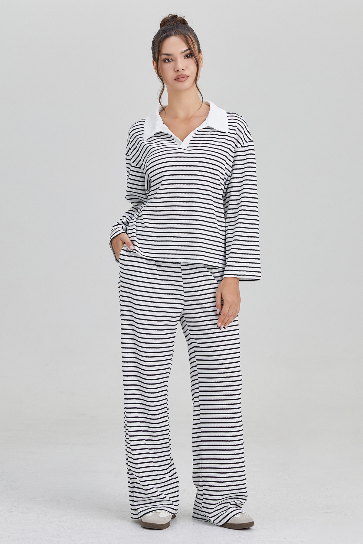 KatchMe Classic V-Neck Stripe Long Sleeve Top & Wide Leg Trousers Co-ord