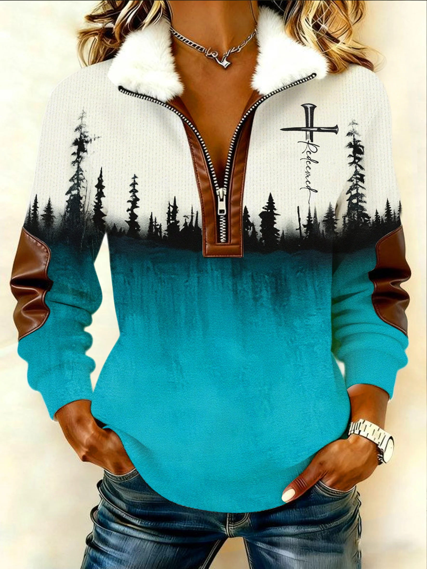Women's winter forest gradient faith cross print top with fur collar-Fast Shipping