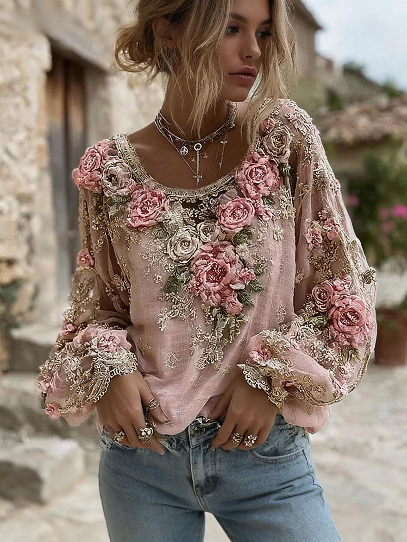 Women's Pink Rose Embroidery Art Round Neck Long Sleeve Linen Blend T-shirt