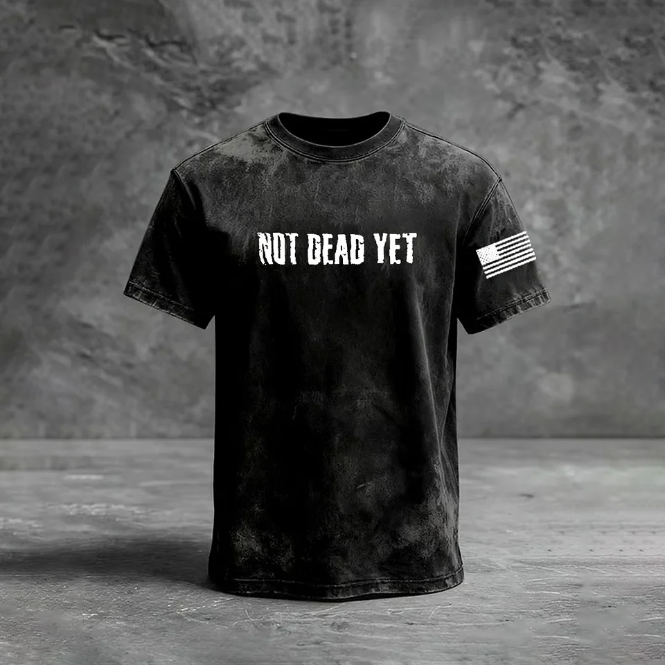 Not Dead Yet Pattern Washed Distressed Crew Neck 100% Cototon T-Shirt