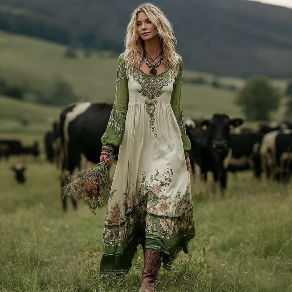 Women's Vintage Floral Pattern Art Comfy Linen V-neck Dress