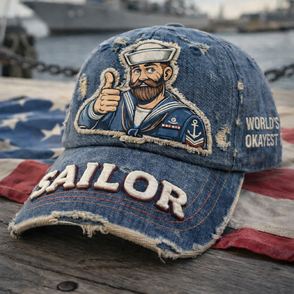 Vintage Distressed Denim Sailor Embroidered Baseball Cap – “World’s Okayest Sailor” Patriotic Adjustable Dad Hat