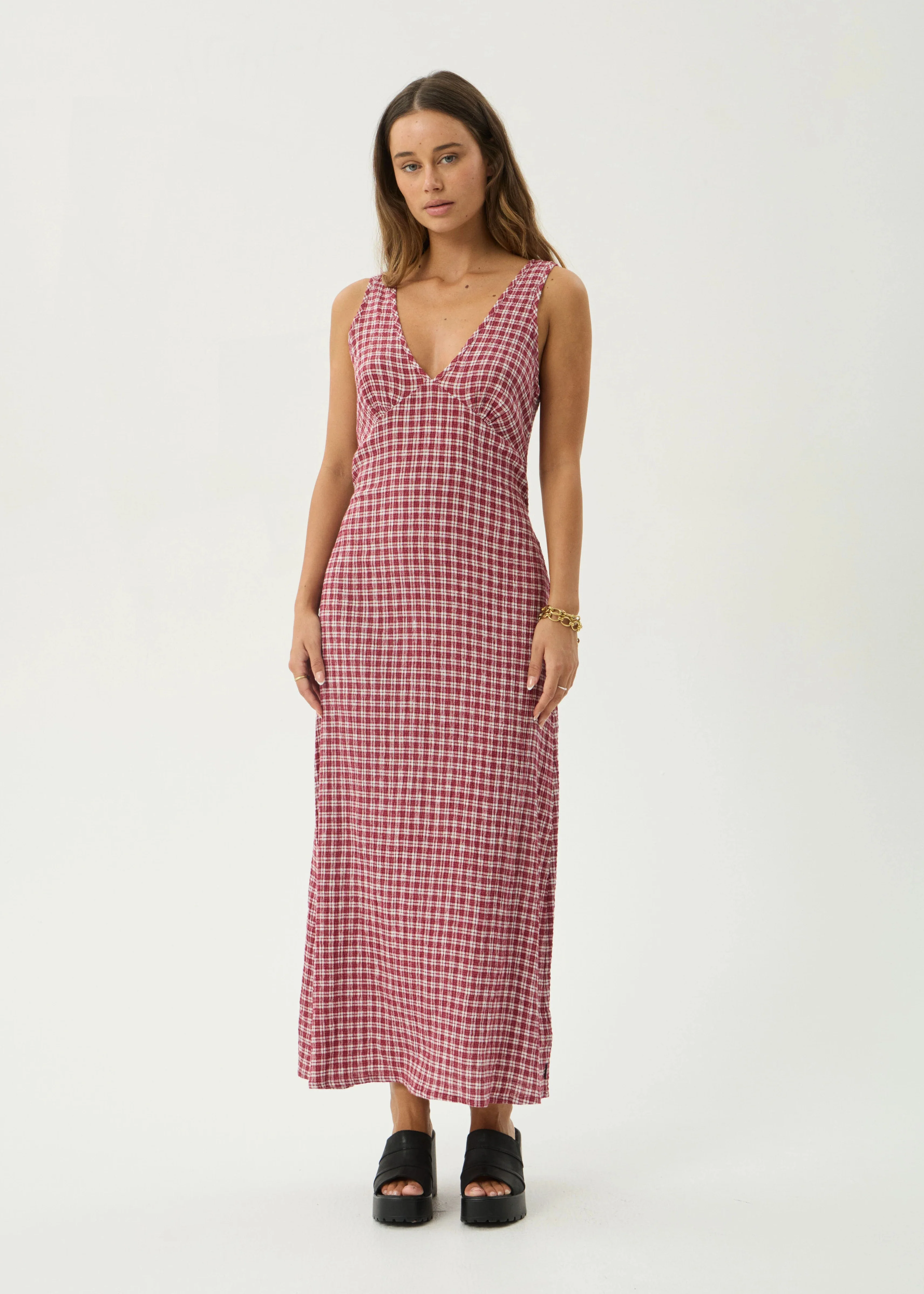 AFENDS Womens Base Tully - Seersucker Maxi Dress - Burgundy Check