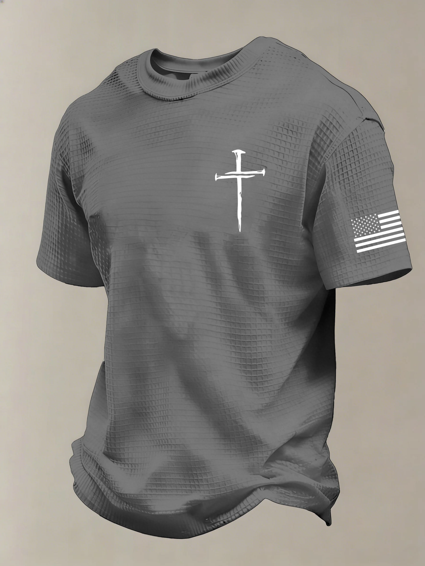 Men'S Vintage Faith Cross Flag Print Waffle-Knit Fabric T-Shirt-Fast Shipping