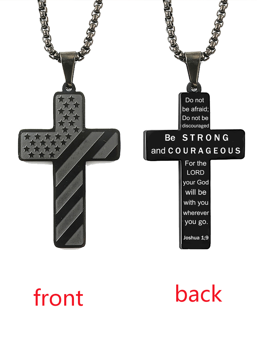 Unisex Flag Cross Be Steong and Courageous Stainless Steel Necklace
