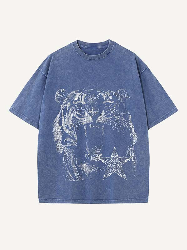 Distressed Washed Tiger Faux Rhinestones Print Round Neck T-shirt