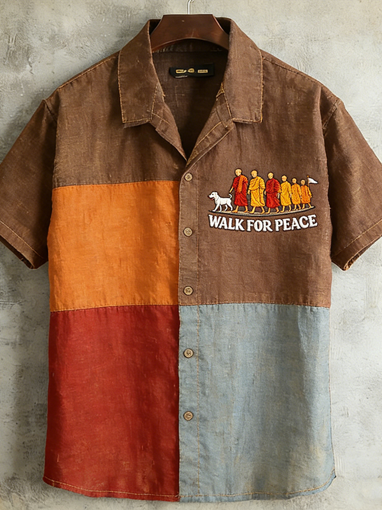 Walk For Peace Slogan Pattern Casual Color-blocked Short-sleeve Shirt