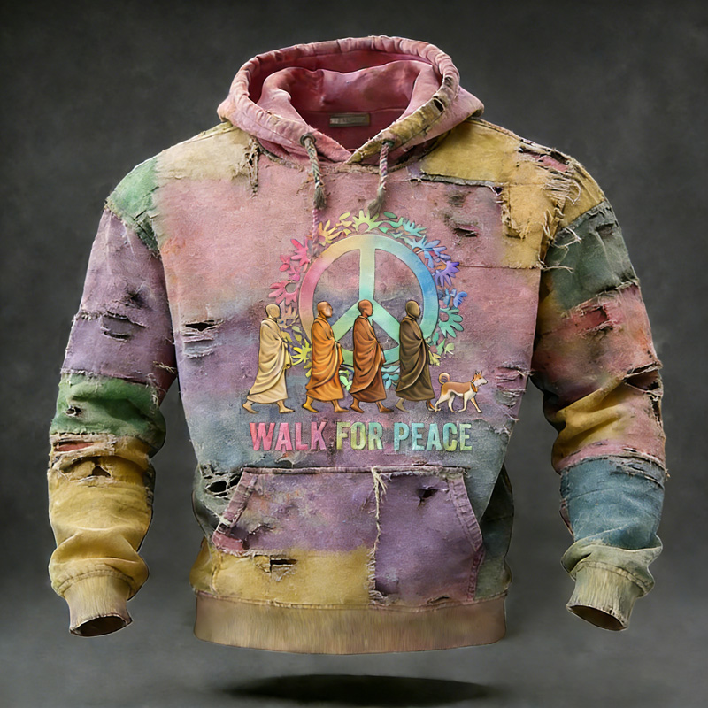 Love In Every Step Walk For Peace And Ice Out Artistic In Patchwork Art Print Distressed Hoodie