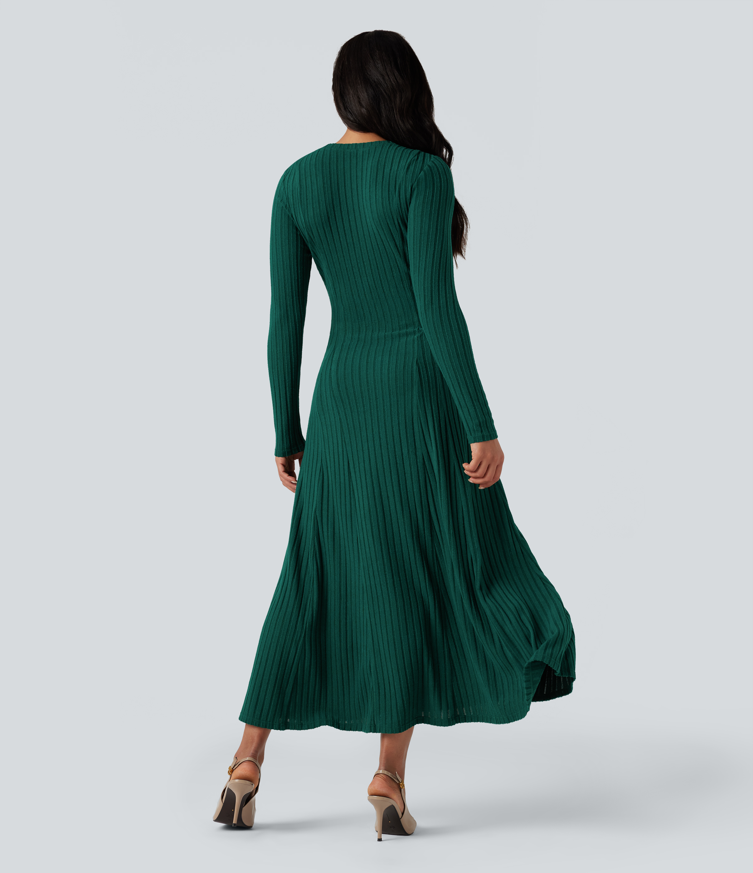 Ribbed Knit Henley Neck Long Sleeve Flowy Maxi Casual Dress