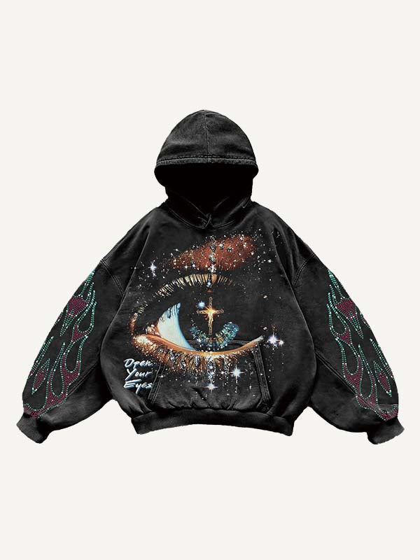 Eye&Cross&Graphic Faux Rhinestones Print Slant Pockets Hoodie