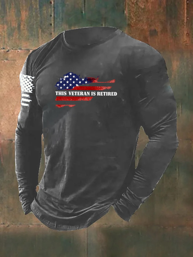 Men's This Veteran Is Retired Pattern Long Sleeve 100% Cotton T-Shirt