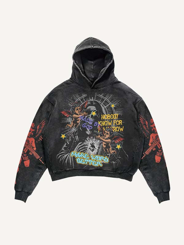 Skeleton&Angel&Gun&Letter Print Slant Pockets Hoodie