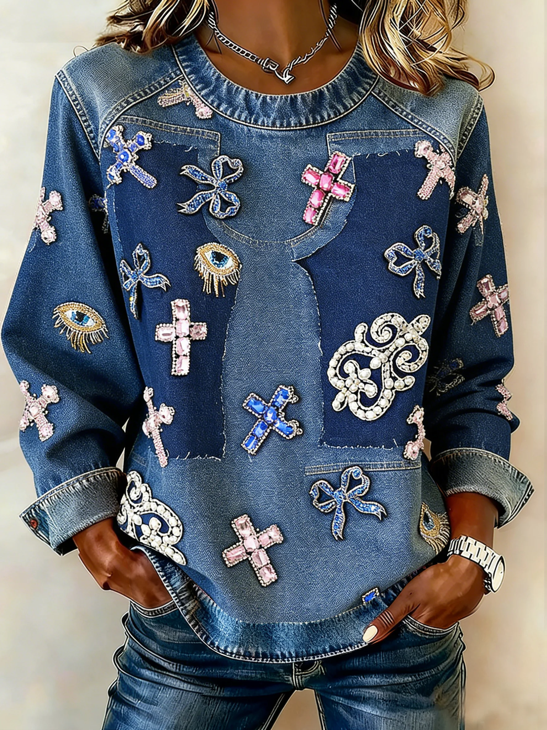 Women's Winter Faith-Inspired Fun Color-Blocking Printed Crew Neck Top-Fast Shipping