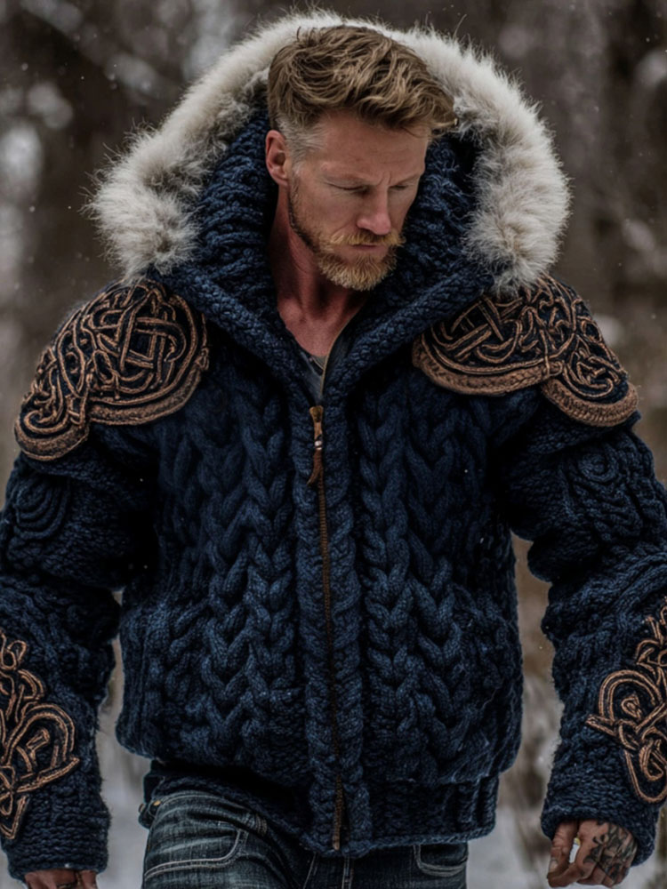 Men's Viking Celtic Knot Art Cozy Fur Collar Knit Hooded Sweater Jacket