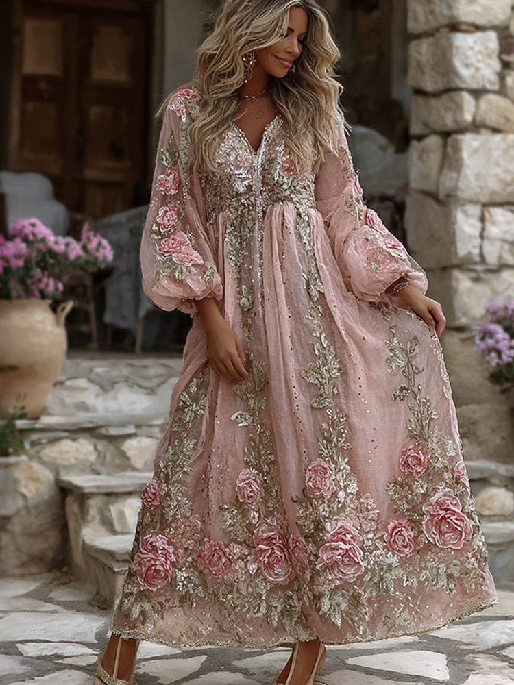 Women's Retro Floral Art Flowy Linen Blend Casual Long Sleeve Maxi Dress