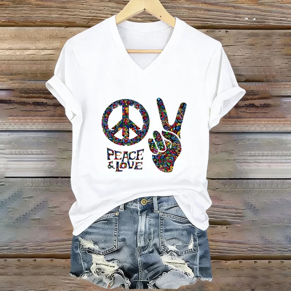 Love And Peace Color Pattern Printed V-neck Short Sleeve