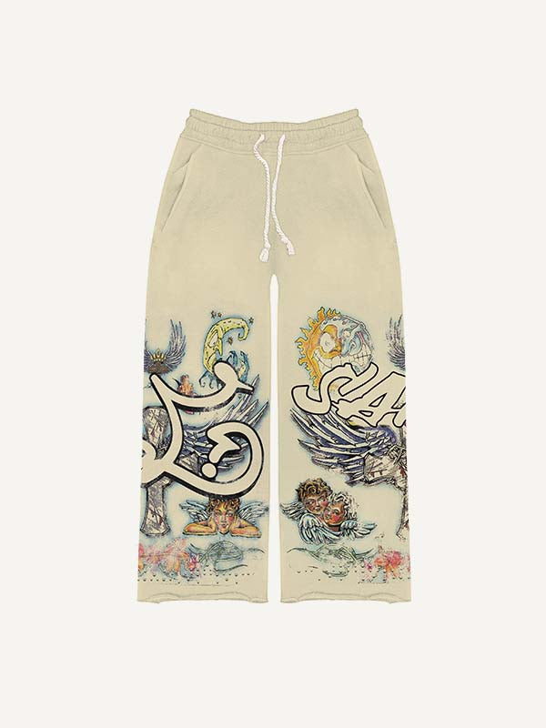 Evil Sun&Moon&Cross&Wing&Angel&Graphic&Letter Print Elastic Waist Pants