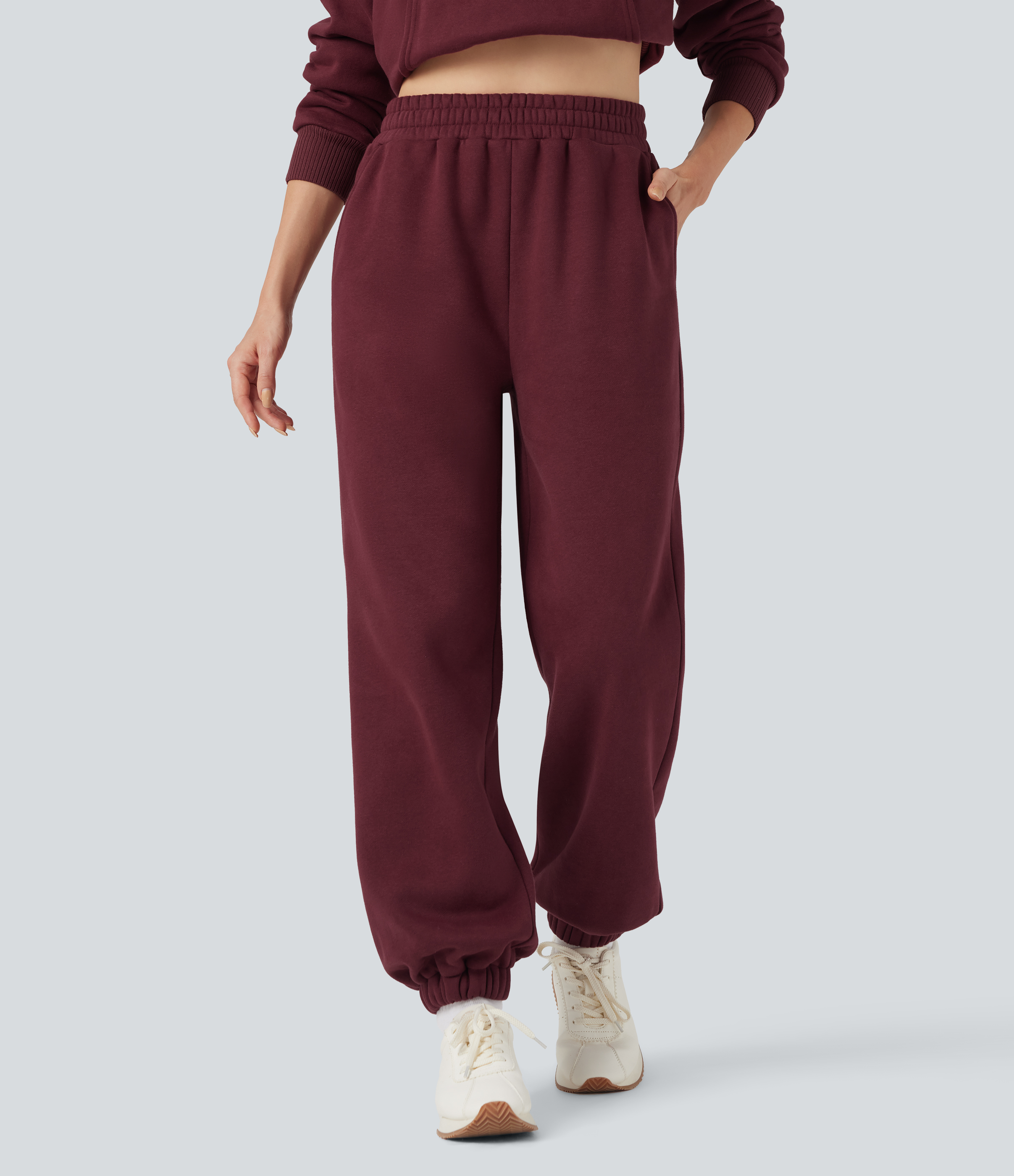 Foldover High Waisted Drawstring Fleece Casual Joggers with Pockets