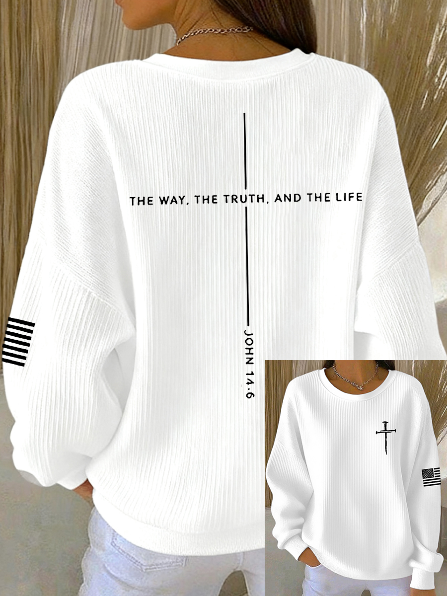 Women's Jesus The Way The Truth The Life John 14:6 Christian Cross Ribbed Round-Neck Sweatshirt