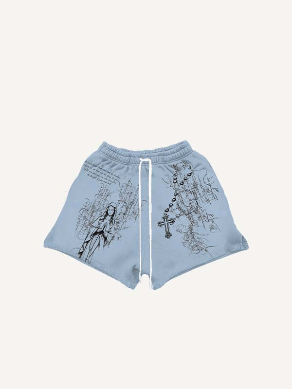 Cross&Mary&Pray&Letter&Graphic Print Drawstring Waist Shorts