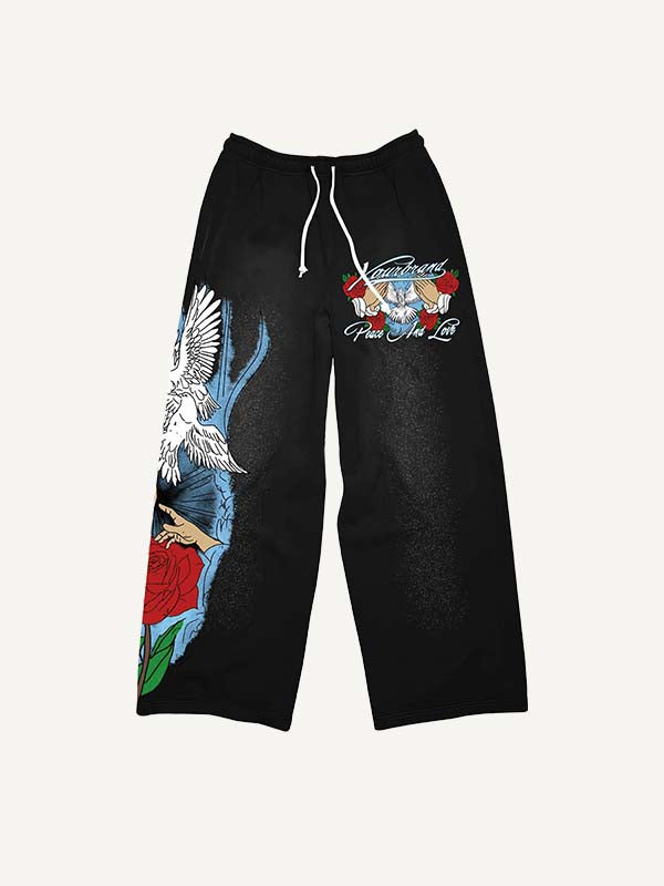 Pigeon&Floral&Palm Pray&Letter Print Elastic Waist Pants